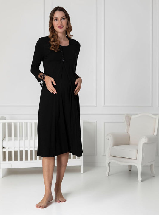 Black maternity nightdress by Mini Plum – long-sleeve nursing nightwear with square neck, breastfeeding-friendly, hospital bag ready