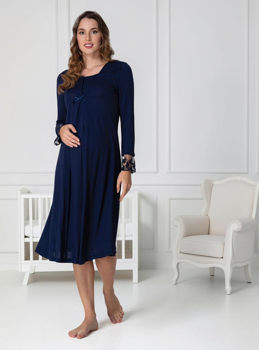 Navy maternity nightdress by Mini Plum – long-sleeve nursing nightwear with square neck, breastfeeding-friendly, hospital bag ready