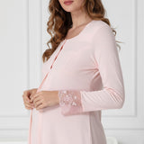 Salmon maternity nightie by Mini Plum – lace neckline & button-front nursing detail, cotton modal