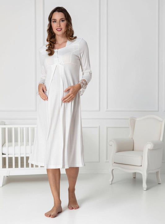 White maternity nightdress by Mini Plum – long-sleeve nursing nightwear with square neck, breastfeeding-friendly, hospital bag ready