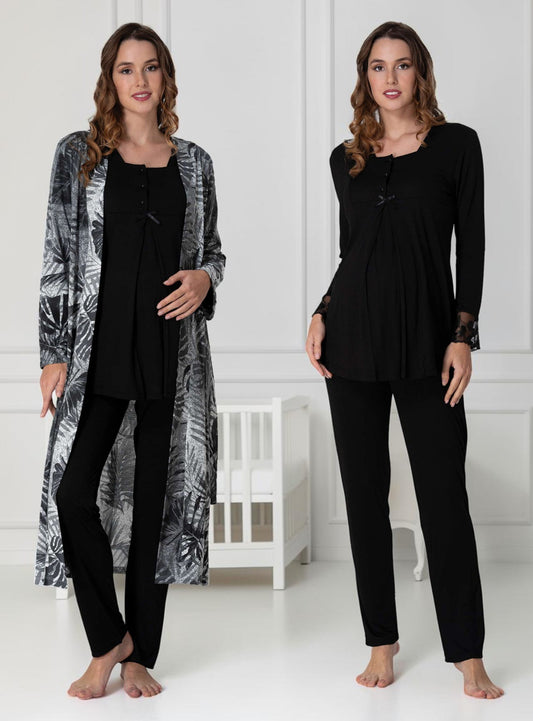 Black pyjama & robe set by Mini Plum – long-sleeve nursing nightwear with square neck, breastfeeding-friendly, hospital bag ready