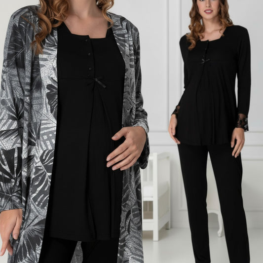 Black pyjama & robe set by Mini Plum – leaf print and square neck, maternity & nursing