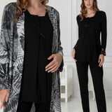Black maternity pyjama & robe set by Mini Plum – lace neckline & button-front nursing detail, cotton modal