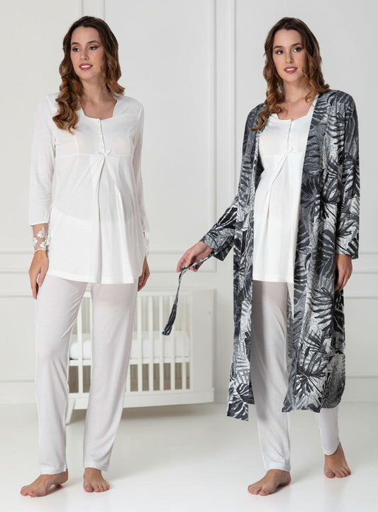 White pyjama & robe set by Mini Plum – long-sleeve nursing nightwear with square neck, breastfeeding-friendly, hospital bag ready