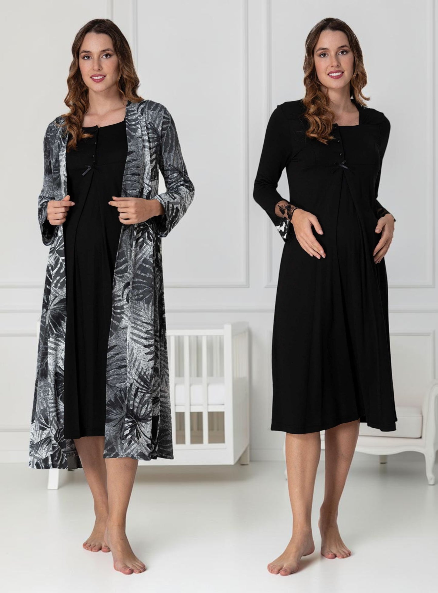 Black nightie & robe set by Mini Plum – long-sleeve nursing nightwear with square neck, breastfeeding-friendly, hospital bag ready
