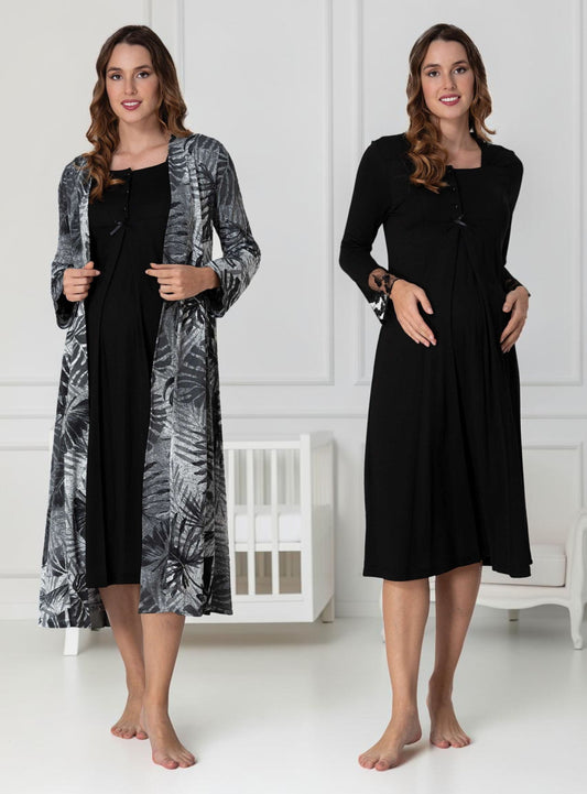 Black nightie & robe set by Mini Plum – long-sleeve nursing nightwear with square neck, breastfeeding-friendly, hospital bag ready