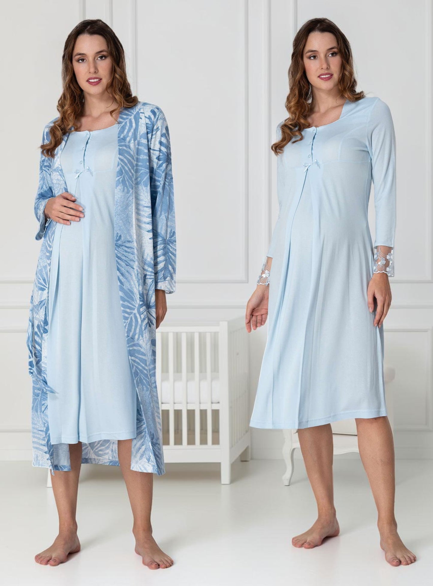 Blue nightie & robe set by Mini Plum – long-sleeve nursing nightwear with square neck, breastfeeding-friendly, hospital bag ready