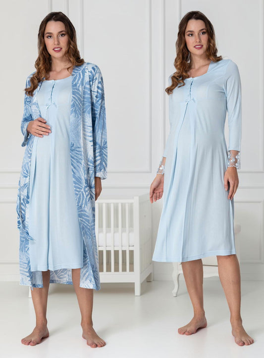 Blue nightie & robe set by Mini Plum – long-sleeve nursing nightwear with square neck, breastfeeding-friendly, hospital bag ready