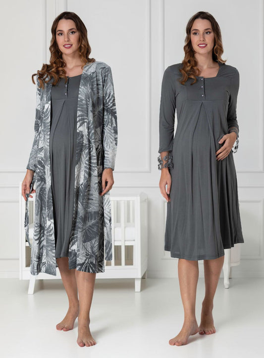 Grey nightie & robe set by Mini Plum – long-sleeve nursing nightwear with square neck, breastfeeding-friendly, hospital bag ready