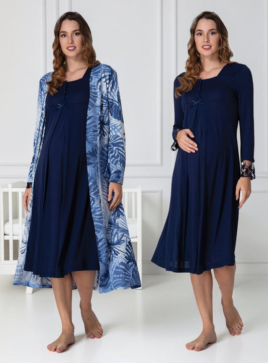 Navy nightie & robe set by Mini Plum – long-sleeve nursing nightwear with square neck, breastfeeding-friendly, hospital bag ready
