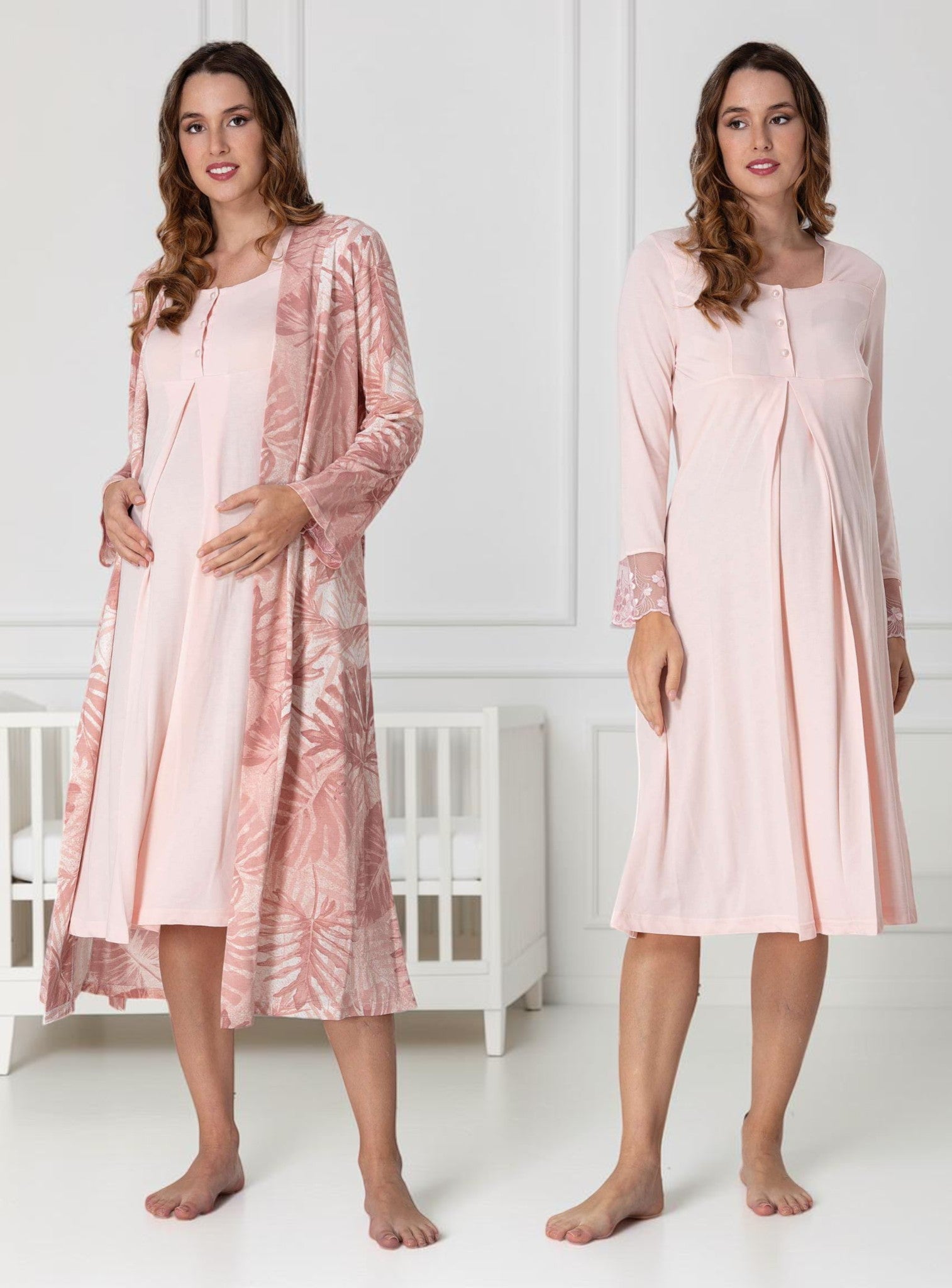 Salmon nightie & robe set by Mini Plum – long-sleeve nursing nightwear with square neck, breastfeeding-friendly, hospital bag ready