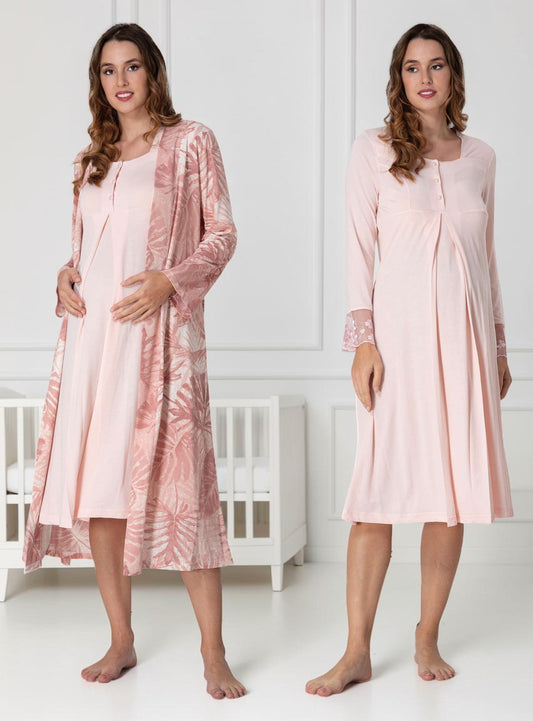 Salmon nightie & robe set by Mini Plum – long-sleeve nursing nightwear with square neck, breastfeeding-friendly, hospital bag ready
