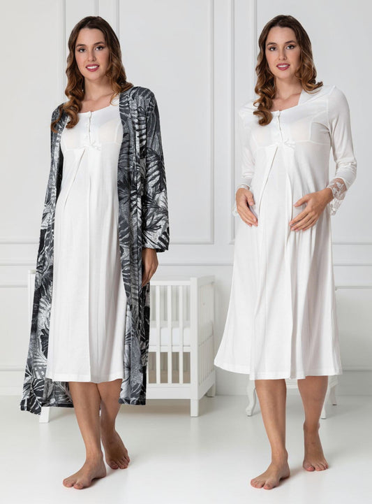 White nightie & robe set by Mini Plum – long-sleeve nursing nightwear with square neck, breastfeeding-friendly, hospital bag ready