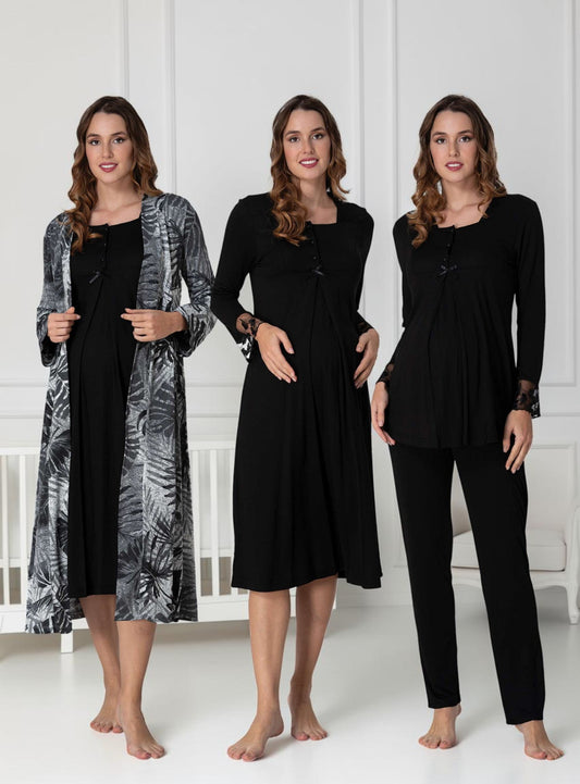 Black 4-piece maternity set by Mini Plum – long-sleeve nursing nightwear with square neck, breastfeeding-friendly, hospital bag ready