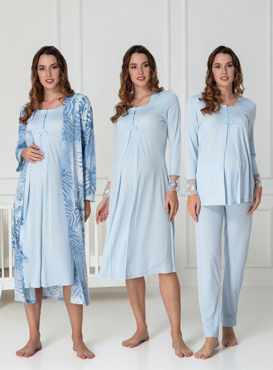 Blue 4-piece maternity set by Mini Plum – long-sleeve nursing nightwear with square neck, breastfeeding-friendly, hospital bag ready