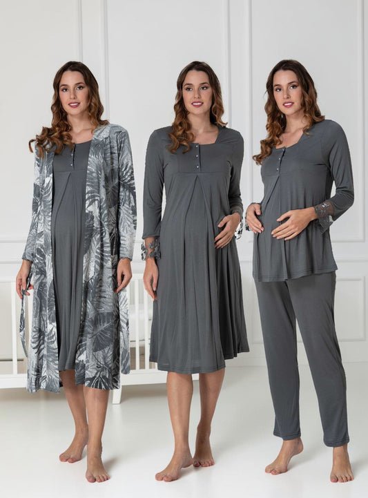 Grey 4-piece maternity set by Mini Plum – long-sleeve nursing nightwear with square neck, breastfeeding-friendly, hospital bag ready