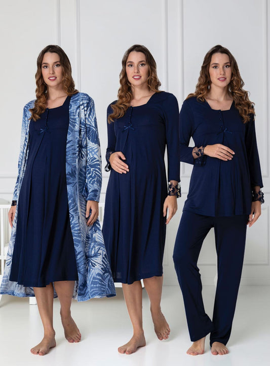 Navy 4-piece maternity set by Mini Plum – long-sleeve nursing nightwear with square neck, breastfeeding-friendly, hospital bag ready