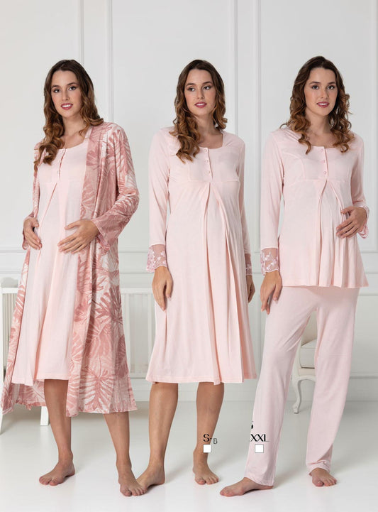 Salmon 4-piece maternity set by Mini Plum – long-sleeve nursing nightwear with square neck, breastfeeding-friendly, hospital bag ready