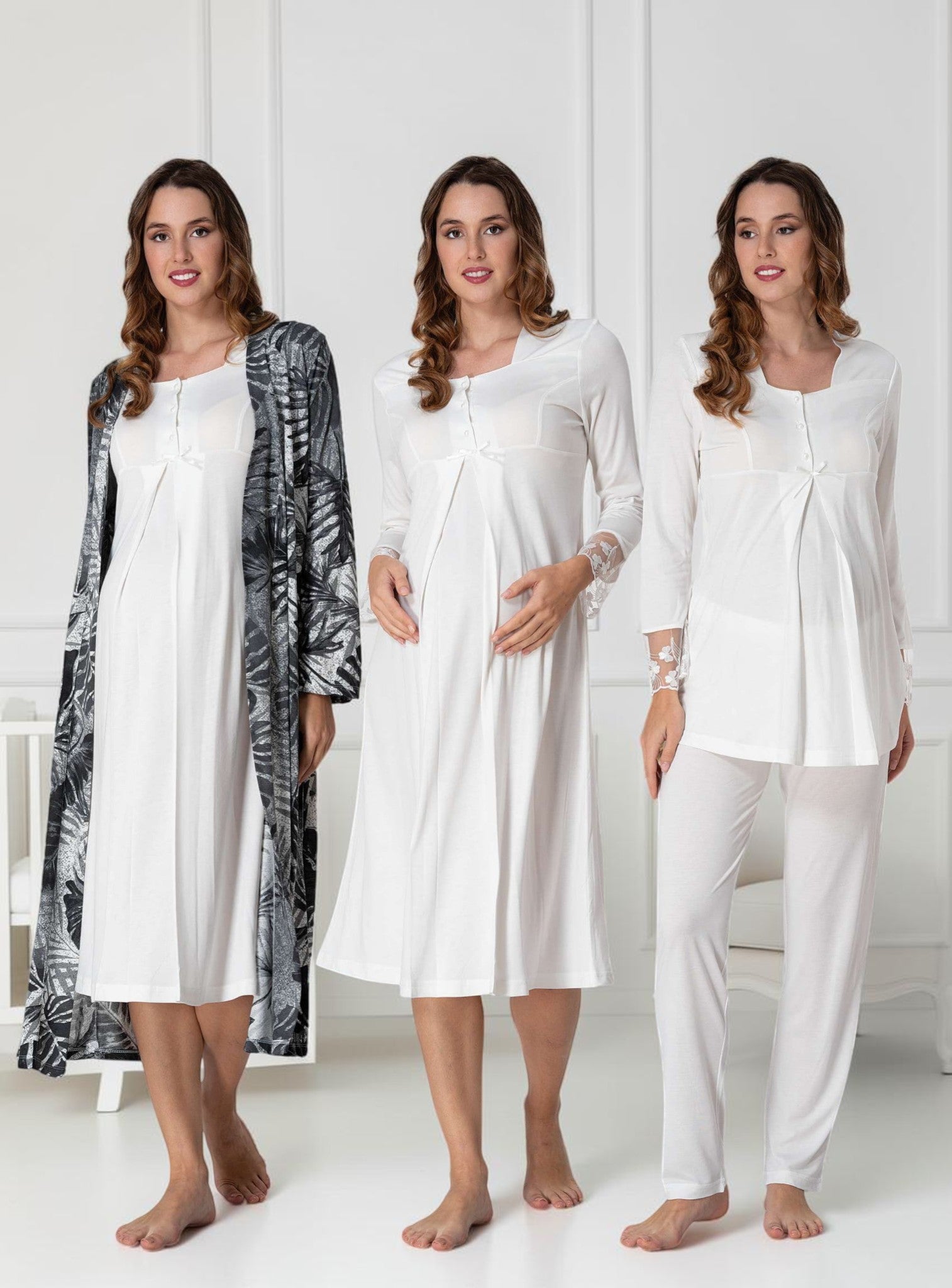 White 4-piece maternity set by Mini Plum – long-sleeve nursing nightwear with square neck, breastfeeding-friendly, hospital bag ready