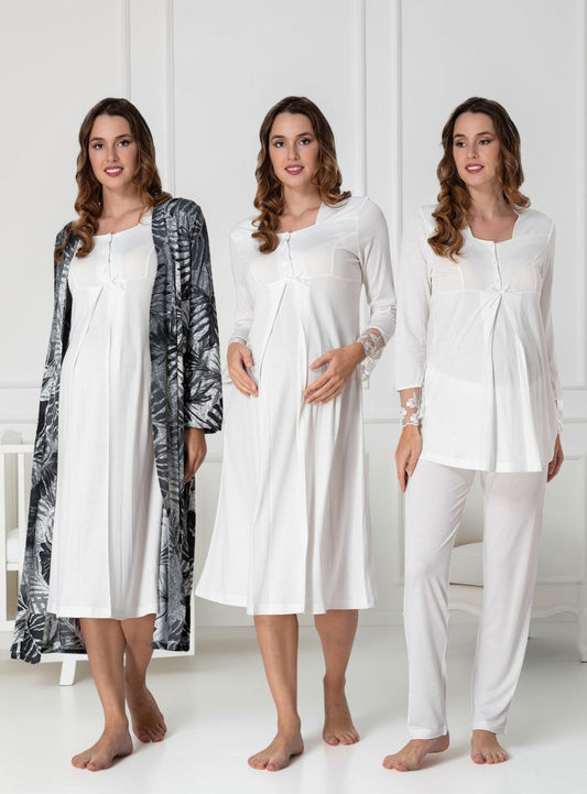 White 4-piece maternity set by Mini Plum – long-sleeve nursing nightwear with square neck, breastfeeding-friendly, hospital bag ready
