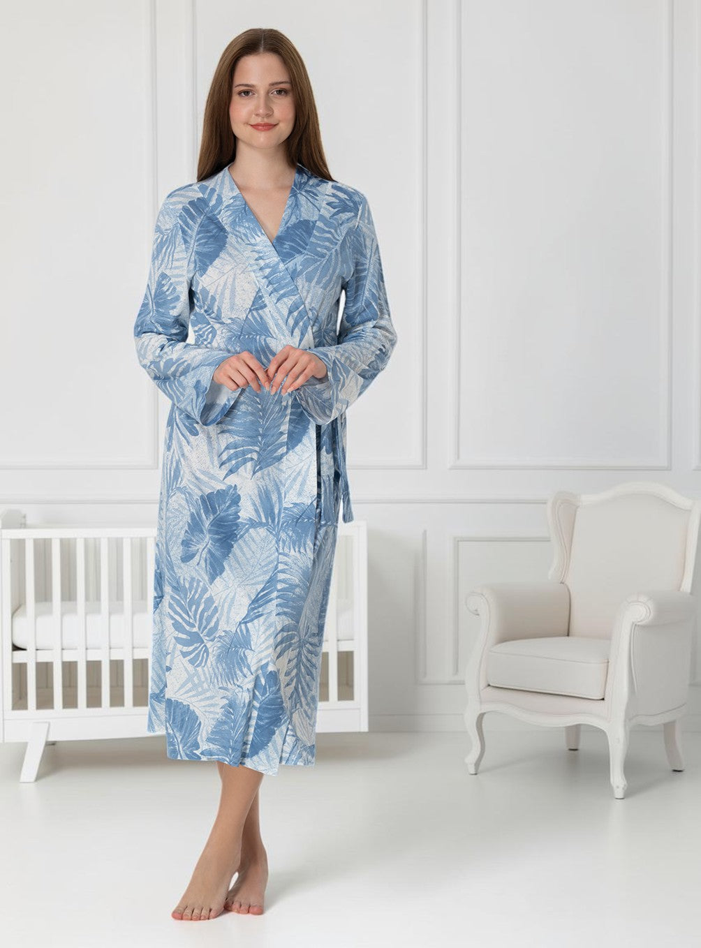 Blue maternity robe by Mini Plum – long-sleeve nursing nightwear with shawl collar, breastfeeding-friendly, hospital bag ready