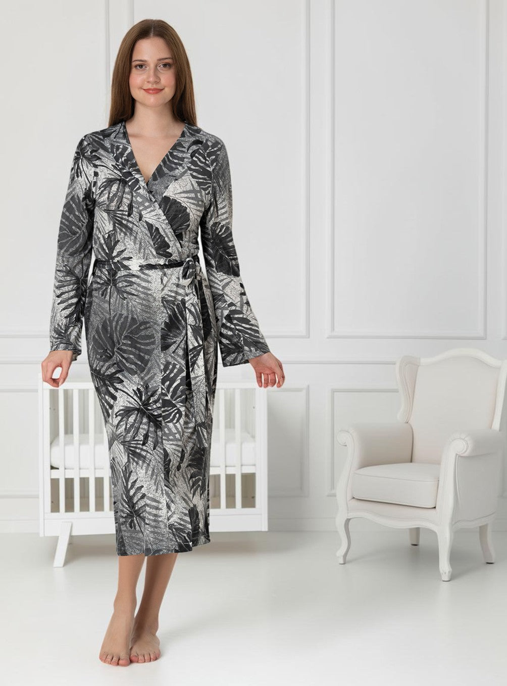 Grey maternity robe by Mini Plum – long-sleeve nursing nightwear with shawl collar, breastfeeding-friendly, hospital bag ready