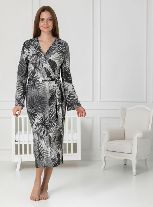 Grey maternity robe by Mini Plum – long-sleeve nursing nightwear with shawl collar, breastfeeding-friendly, hospital bag ready