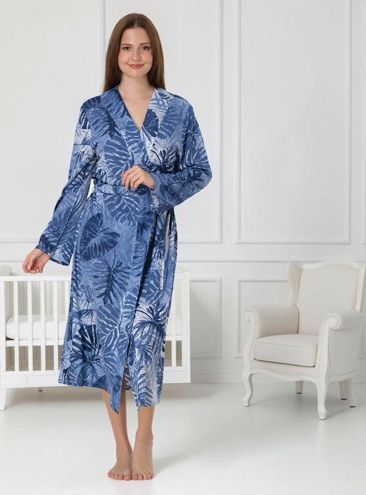 Navy maternity robe by Mini Plum – long-sleeve nursing nightwear with shawl collar, breastfeeding-friendly, hospital bag ready