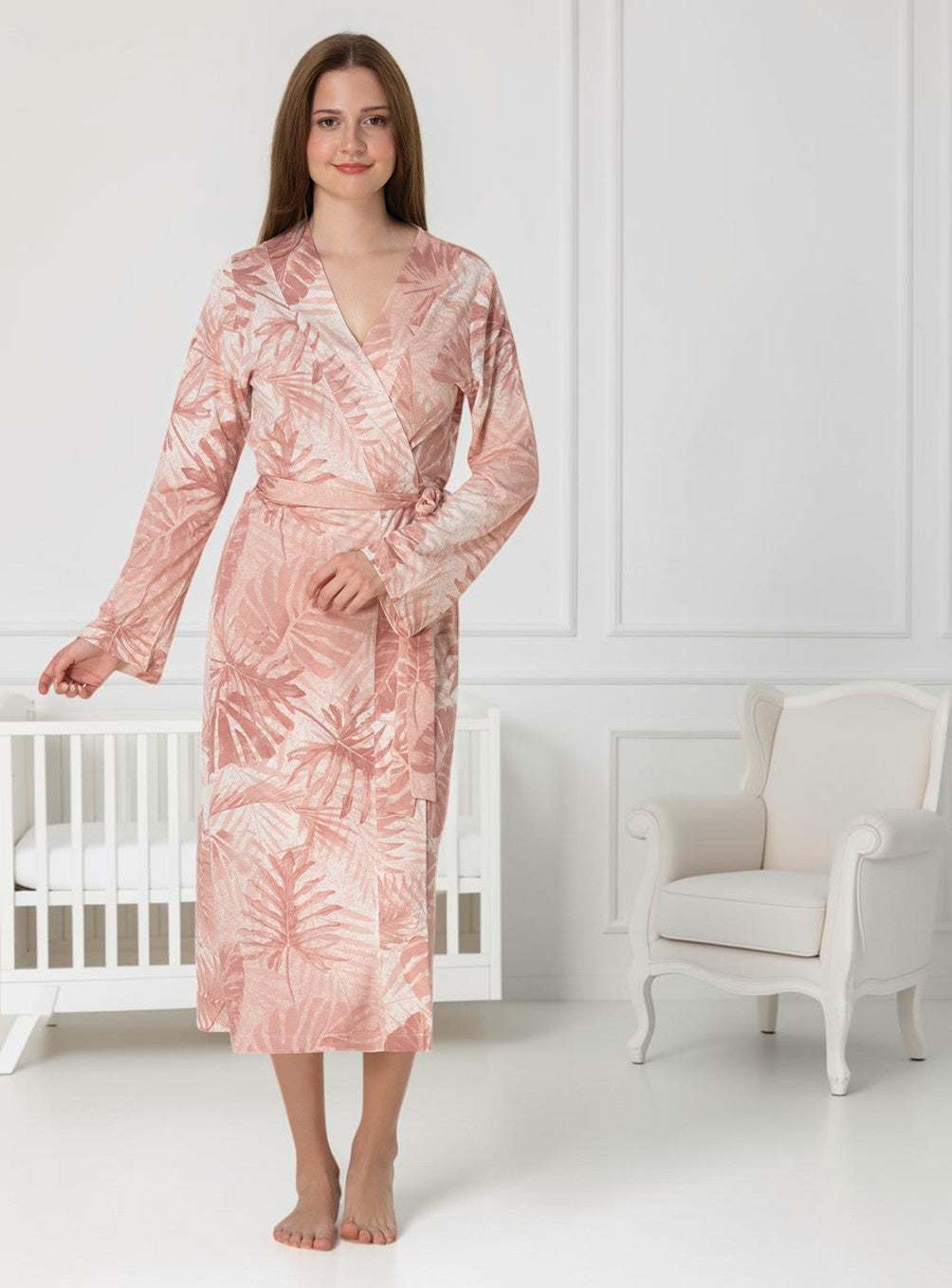 Salmon maternity robe by Mini Plum – long-sleeve nursing nightwear with shawl collar, breastfeeding-friendly, hospital bag ready