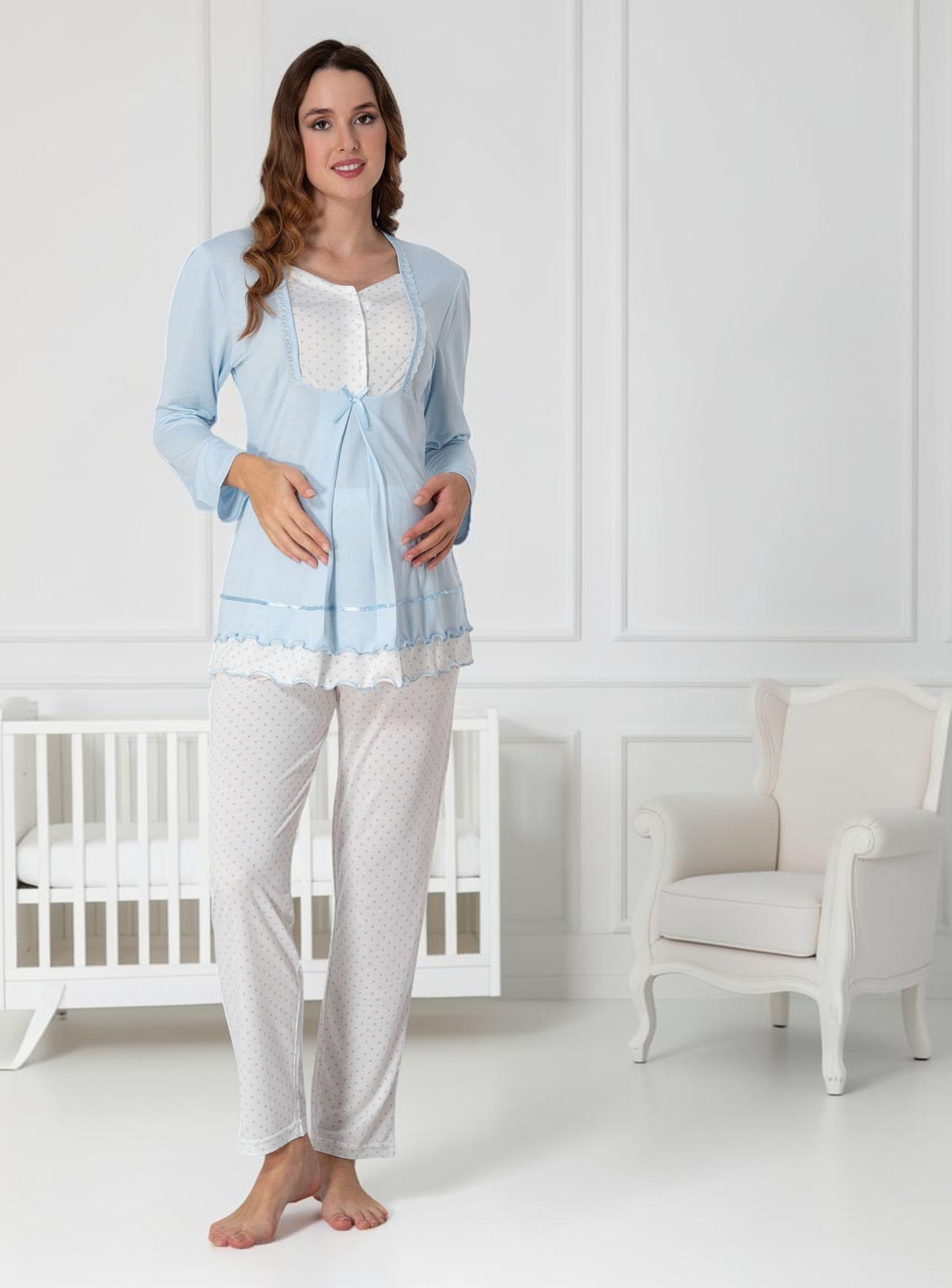 Blue maternity pyjamas by Mini Plum – long-sleeve nursing nightwear with square neck, breastfeeding-friendly, hospital bag ready