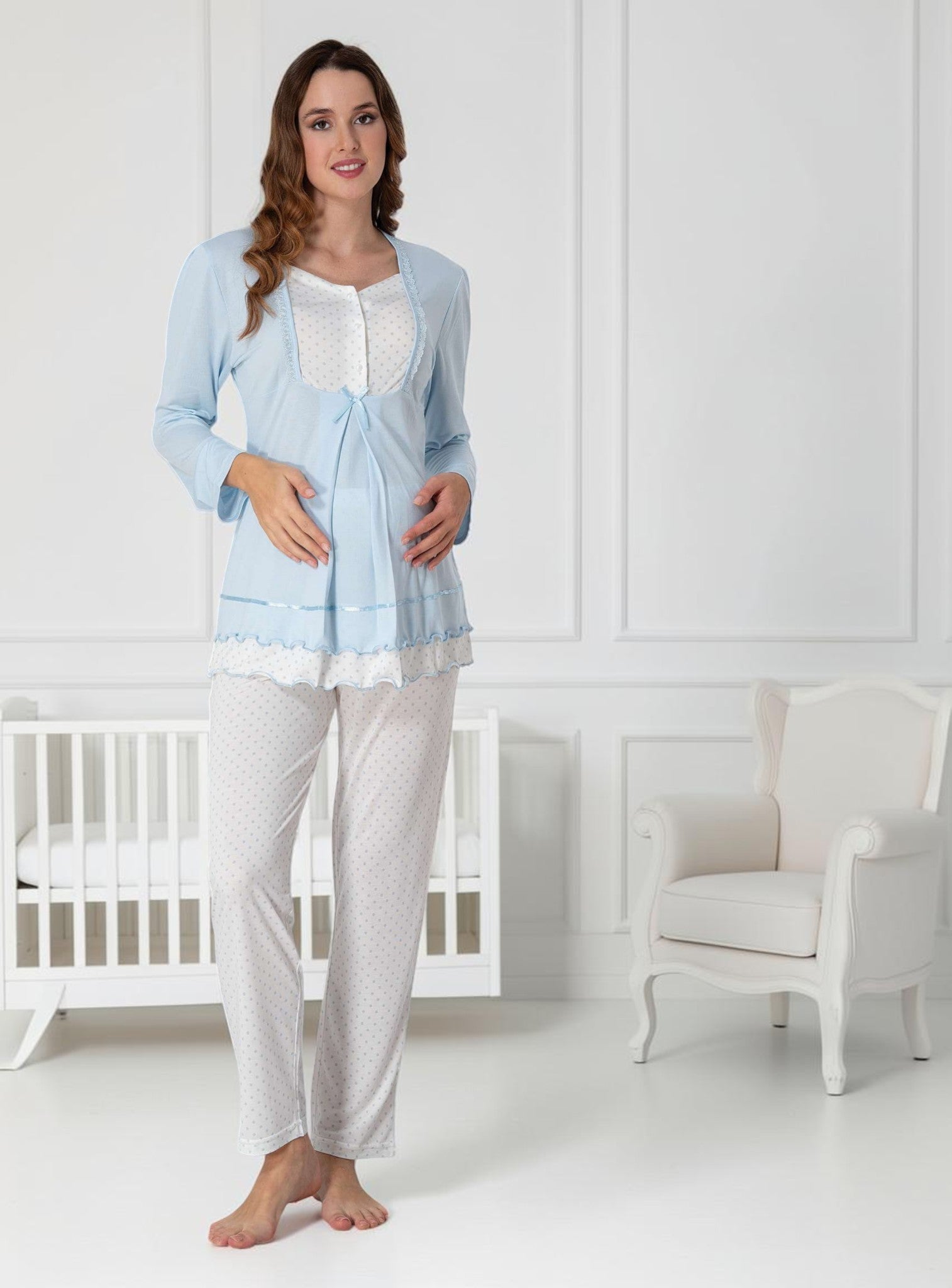 Blue maternity pyjamas by Mini Plum – long-sleeve nursing nightwear with square neck, breastfeeding-friendly, hospital bag ready