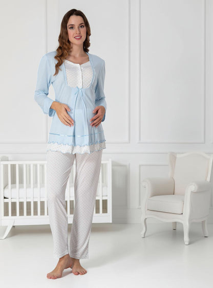 Blue maternity pyjamas by Mini Plum – long-sleeve nursing nightwear with square neck, breastfeeding-friendly, hospital bag ready