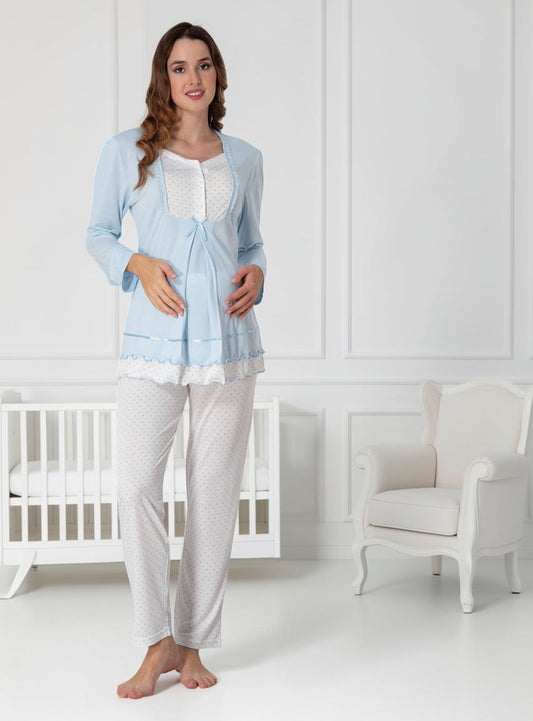 Blue maternity pyjamas by Mini Plum – long-sleeve nursing nightwear with square neck, breastfeeding-friendly, hospital bag ready
