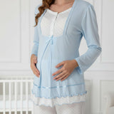 Blue maternity pyjamas by Mini Plum – lace neckline & button-front nursing detail, cotton modal