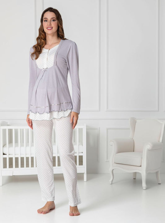 Grey maternity pyjamas by Mini Plum – long-sleeve nursing nightwear with square neck, breastfeeding-friendly, hospital bag ready