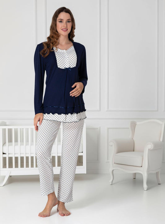 Navy maternity pyjamas by Mini Plum – long-sleeve nursing nightwear with square neck, breastfeeding-friendly, hospital bag ready