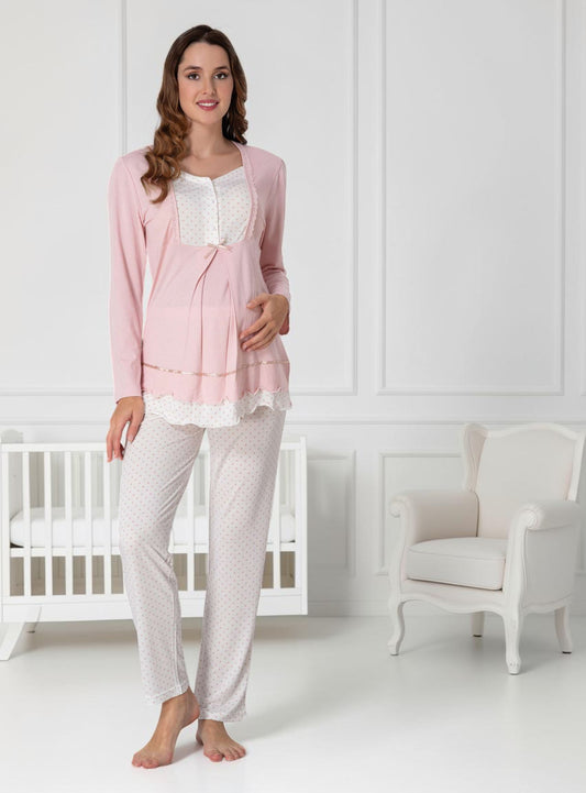 Pink maternity pyjamas by Mini Plum – long-sleeve nursing nightwear with square neck, breastfeeding-friendly, hospital bag ready