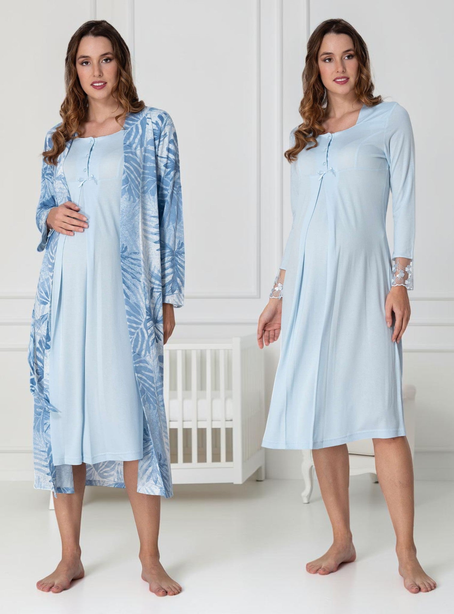Blue nightie & robe set by Mini Plum – long-sleeve nursing nightwear with square neck, breastfeeding-friendly, hospital bag ready