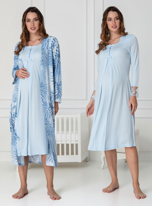 Blue nightie & robe set by Mini Plum – long-sleeve nursing nightwear with square neck, breastfeeding-friendly, hospital bag ready