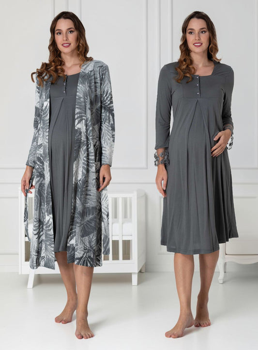 Grey nightie & robe set by Mini Plum – long-sleeve nursing nightwear with square neck, breastfeeding-friendly, hospital bag ready