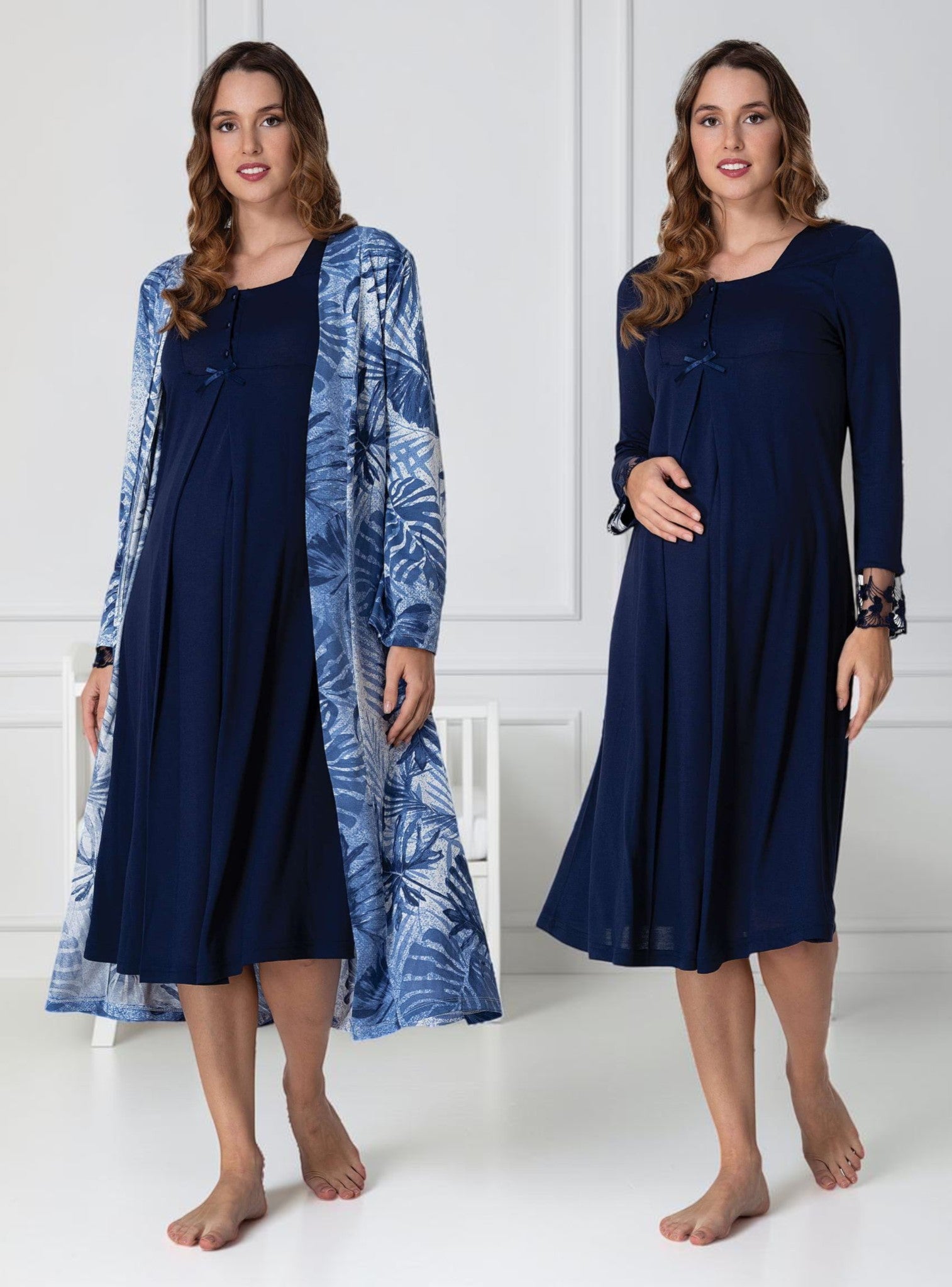 Navy nightie & robe set by Mini Plum – long-sleeve nursing nightwear with square neck, breastfeeding-friendly, hospital bag ready