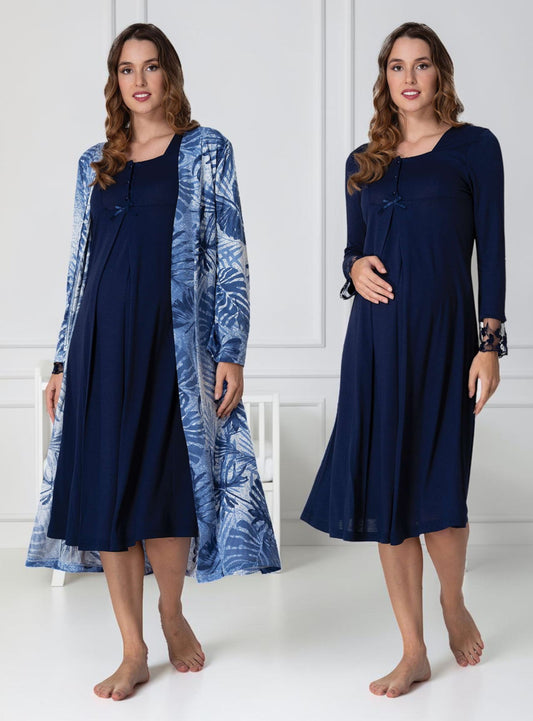 Navy nightie & robe set by Mini Plum – long-sleeve nursing nightwear with square neck, breastfeeding-friendly, hospital bag ready