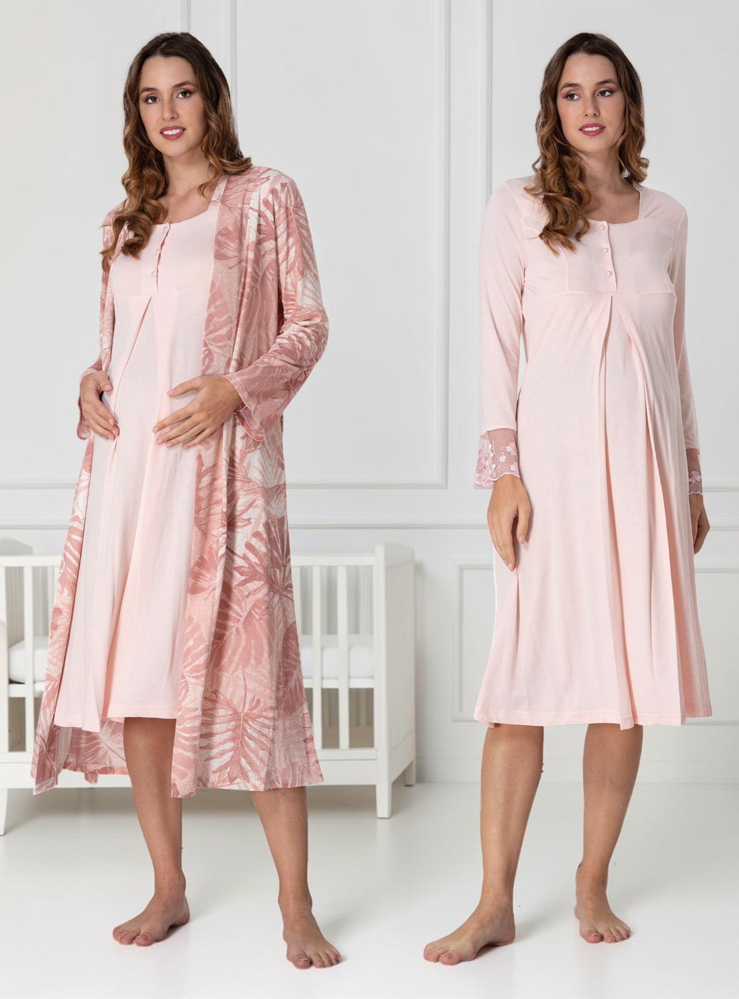 Pink nightie & robe set by Mini Plum – long-sleeve nursing nightwear with square neck, breastfeeding-friendly, hospital bag ready