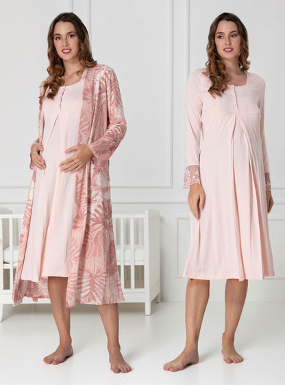 Pink nightie & robe set by Mini Plum – long-sleeve nursing nightwear with square neck, breastfeeding-friendly, hospital bag ready