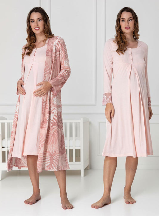 Pink nightie & robe set by Mini Plum – long-sleeve nursing nightwear with square neck, breastfeeding-friendly, hospital bag ready