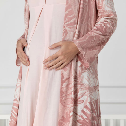 Pink nightie & robe set by Mini Plum – leaf print and square neck, maternity & nursing