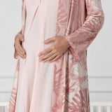 Pink maternity pyjama & robe set by Mini Plum – lace neckline & button-front nursing detail, cotton modal