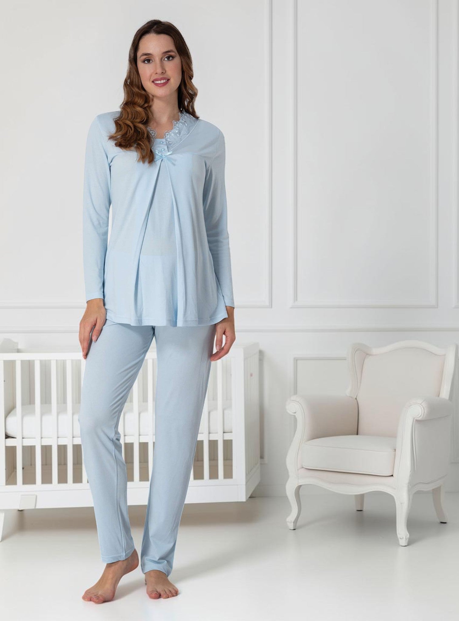 Blue maternity pyjamas by Mini Plum – long-sleeve nursing nightwear with V-neck, breastfeeding-friendly, hospital bag ready
