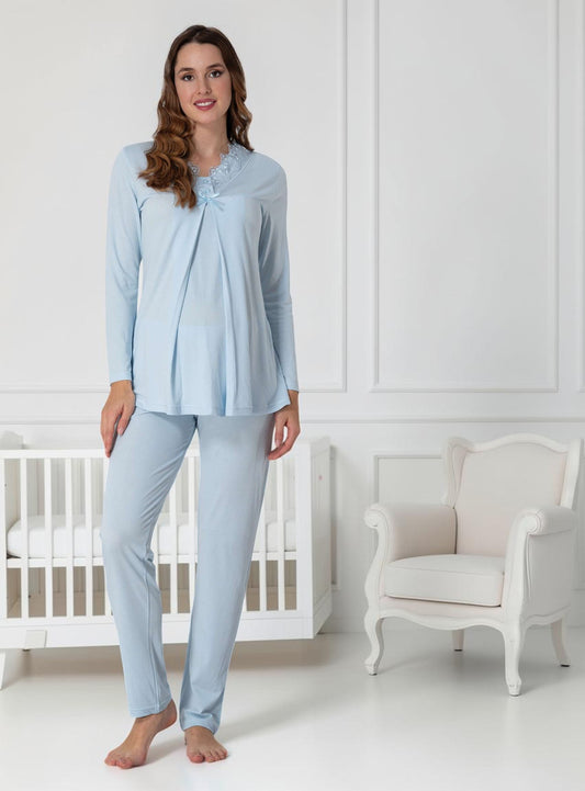 Blue maternity pyjamas by Mini Plum – long-sleeve nursing nightwear with V-neck, breastfeeding-friendly, hospital bag ready
