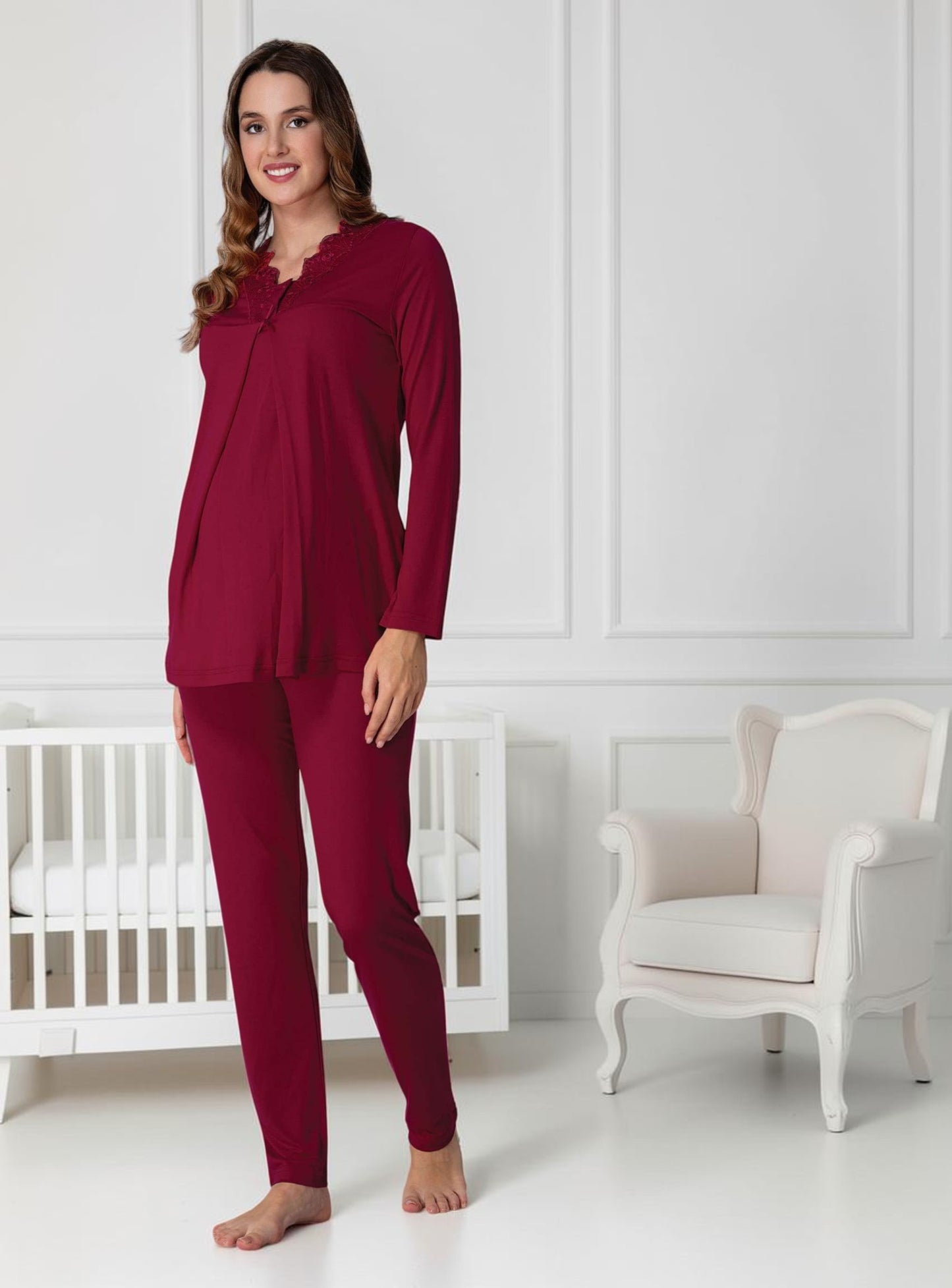 Cherry Red maternity pyjamas by Mini Plum – long-sleeve nursing nightwear with V-neck, breastfeeding-friendly, hospital bag ready
